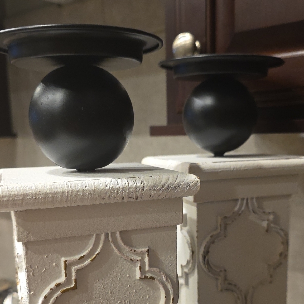 Distressed White Carved Pillar Candle Holders with Black Accents - Pair - Picture 3 of 8